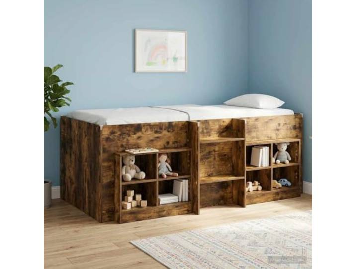 SKTQYQO Hochbett Eiche Rauch Kinder 100 x 200 cm Technisches Holz, integrierte Leiter, Unterbettraum, modernes Design