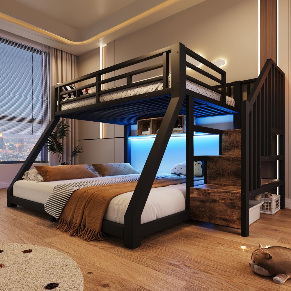 Etagenbett mit LED-Lichtleisten, 3 Staufächern, Stauraumtreppe, Geländer & EN747-, Metall, Schwarz, 90x200 & 140x200cm
