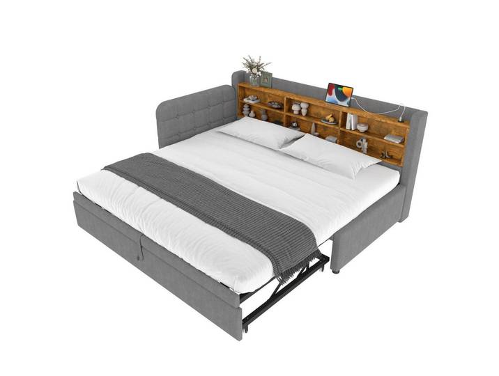 Okwish Daybett 90/200 cm Grau multifunktionales Ausziehbett mit Usb- und Type-C-Anschlüssen aus Leinen, 90x200 cm, Schlafzimmer, Betten, Polsterbetten