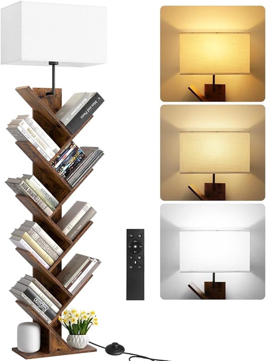 Hoekrek Boekenkast met Verlichting en Afstandsbediening - 9 Lagen Smal Houten Rek voor Boeken, CD's en DVD's