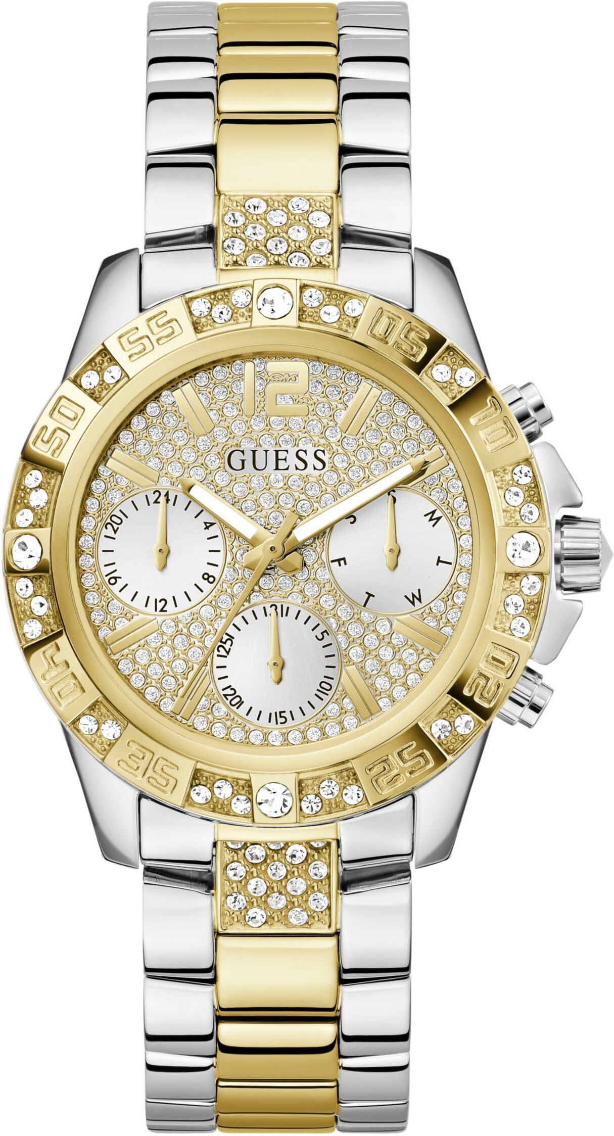 Multifunktionsuhr GUESS "MAJESTY", silber (silberfarben, gelbgoldfarben, weiß), Armbanduhren, Damen, silberfarben-gelbgoldfarben, Multifunktionsuhr, Quarzuhr, Armbanduhr, Damenuhr, Datum, Edelstahlarmband