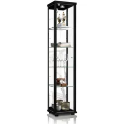 K-Möbel Glasvitrine in Schwarz (176x37x33cm) mit 4 höhenverstellbaren Glasböden, Spiegel, Schloss, LED - Modellauto Vitrine Schwarz - Vitrinenschrank