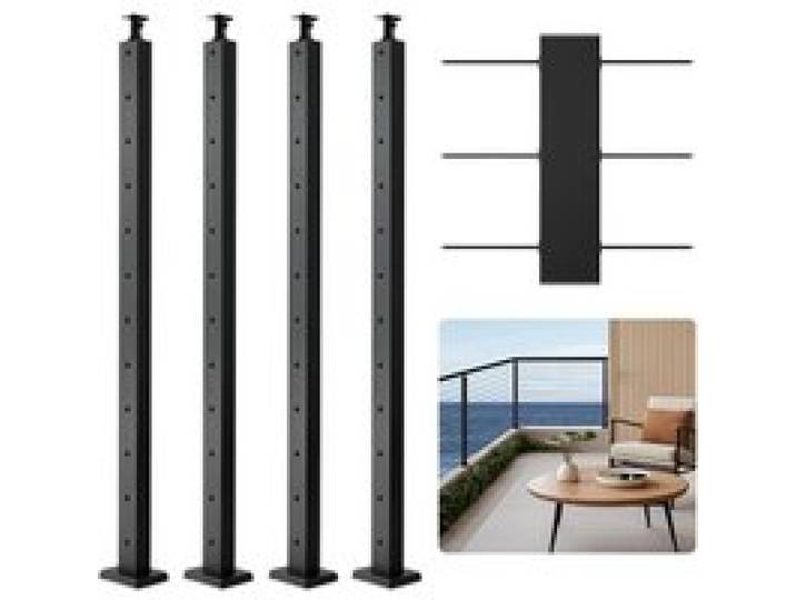 VEVOR Poteau Garde Corps, Lot de 4, Poteau Rampe d'Escalier à Câble 1067x25,4x50,8 mm Trou Horizontal Pré-percé Support Horizontal Incurvé, pour Main Courante, Balustrade, Noir, 4JZLGZXHS106REP67001V0
