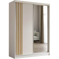 KLEIDERSCHRANK mit Spiegel-Schiebetüren und Aluminium-Leisten, LED-Beleuchtung - NALLA - 160 cm Weiß+Weiß+Artisan
