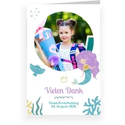 Dankeskarte Einschulung: Meerjungfrau mit Foto in Violett
