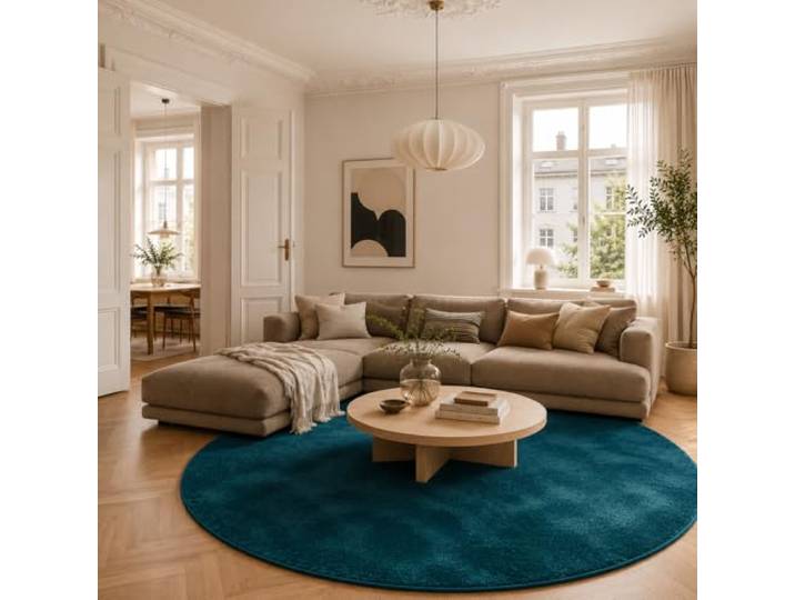 Tapis Shaggy Rond Melia Bleu Pétrole – Ultra Doux et Moelleux pour Salon