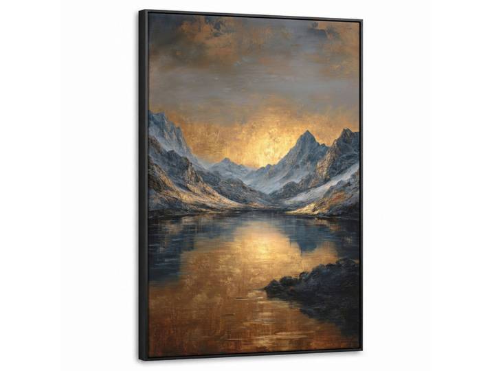 LEINWAND Bilder mit Rahmen - Bergkulisse mit goldenem Sonnenuntergang - 60x90