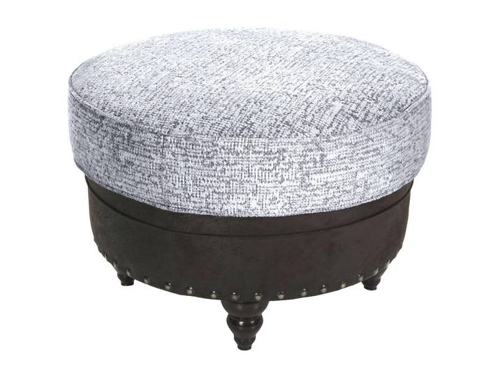 Landscape Hocker, Hellgrau, Dunkelbraun, Holz, Buche, massiv, Lederoptik, rund, 75x50x75 cm, Stoffauswahl, erweiterbar (Typenauswahl), Wohnzimmer, Hocker, Sitzhocker