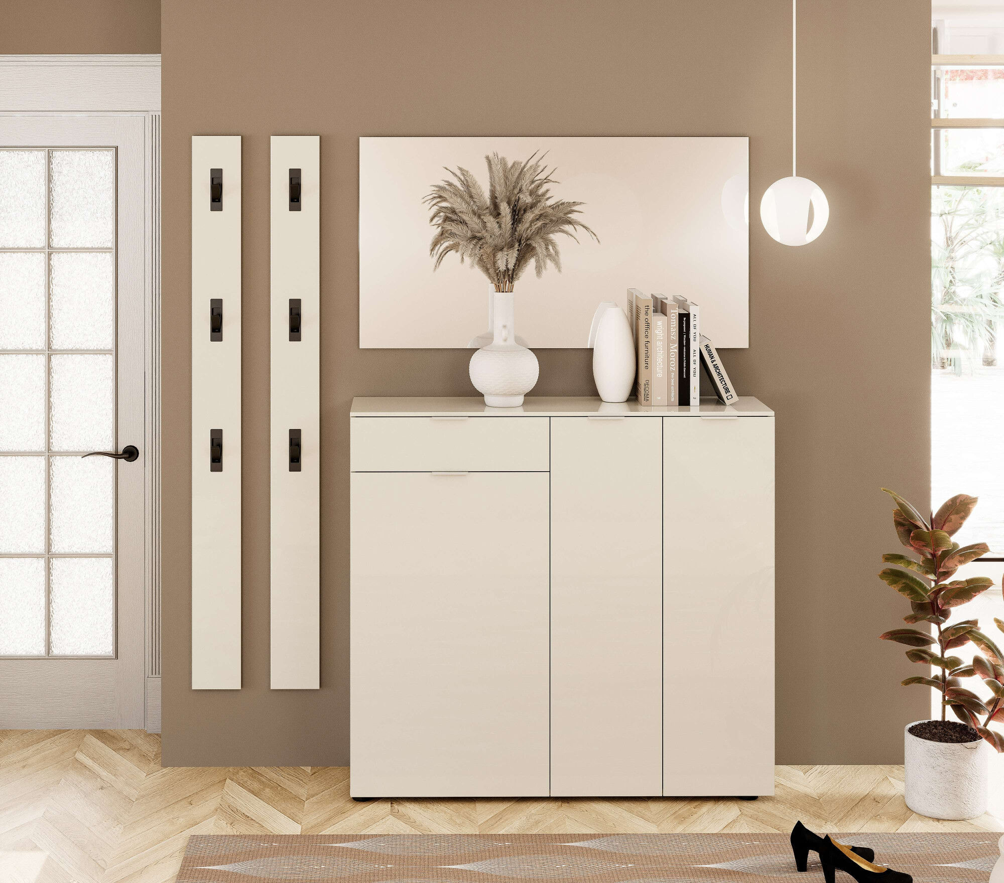 Garderobenpaneel HOME AFFAIRE "ATRIO, Garderobenwand, Paneel, 3 Haken, Hochglanz lackiert", weiss (asche), B:15cm H:170cm T:1,6cm, Holzwerkstoff, Garderobenpaneele, Garderobenpaneel, mit 3 Klapphaken,hochglanz lackiert, 15x2x170 cm, Made in Italy asche B/