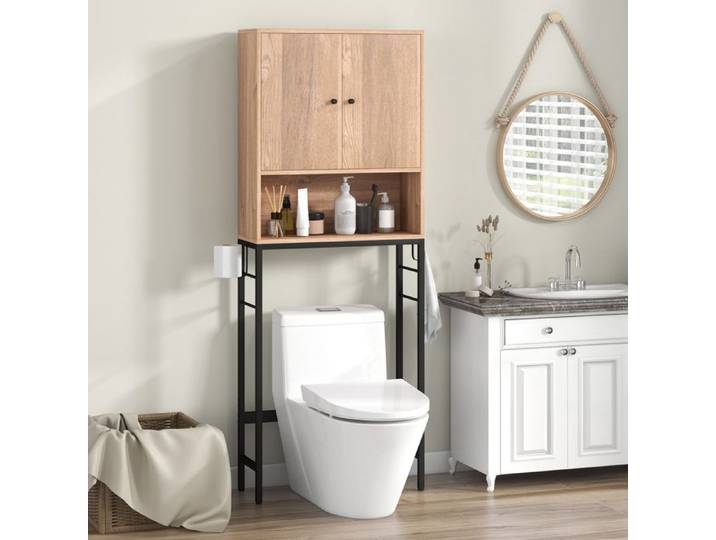 Armoire WC GOPLUS - Meuble de Rangement Au-Dessus des Toilettes Compartiment Ouvert - Etagère Réglable pour Buanderie Naturel