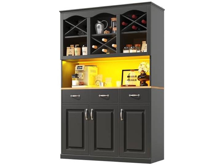 Küchenschrank 120 × 40 × 180 cm, Hohes Küchenbuffet, Mehrzweckbuffet, Snackschrank, Aufbewahrungsmöbel mit Drei Türen, Küchenschrank mit Arbeitsplatte, Drei Schubladen und Beleuchtung, Schwarz