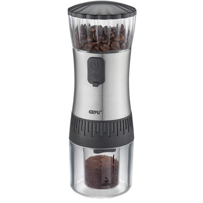 Kaffeemühle GEFU "POLVE", transparent (silberfarben, schwarz, transparent), B:8cm H:22,5cm T:8cm, Kaffeemühlen, Keramikmahlwerk, stufenlos, Kompakt, leicht, USB