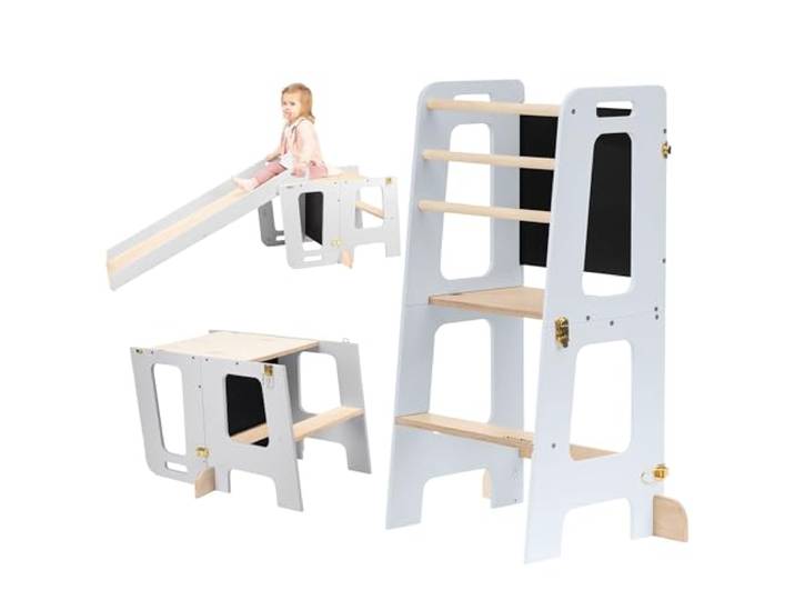 Montessori Lernturm für Kinder Klappbarer Küchenhelfer mit Rutsche & Tafel Stehturm ab 1 Jahr (Hellgrau und Holz, Mit Rutsche)