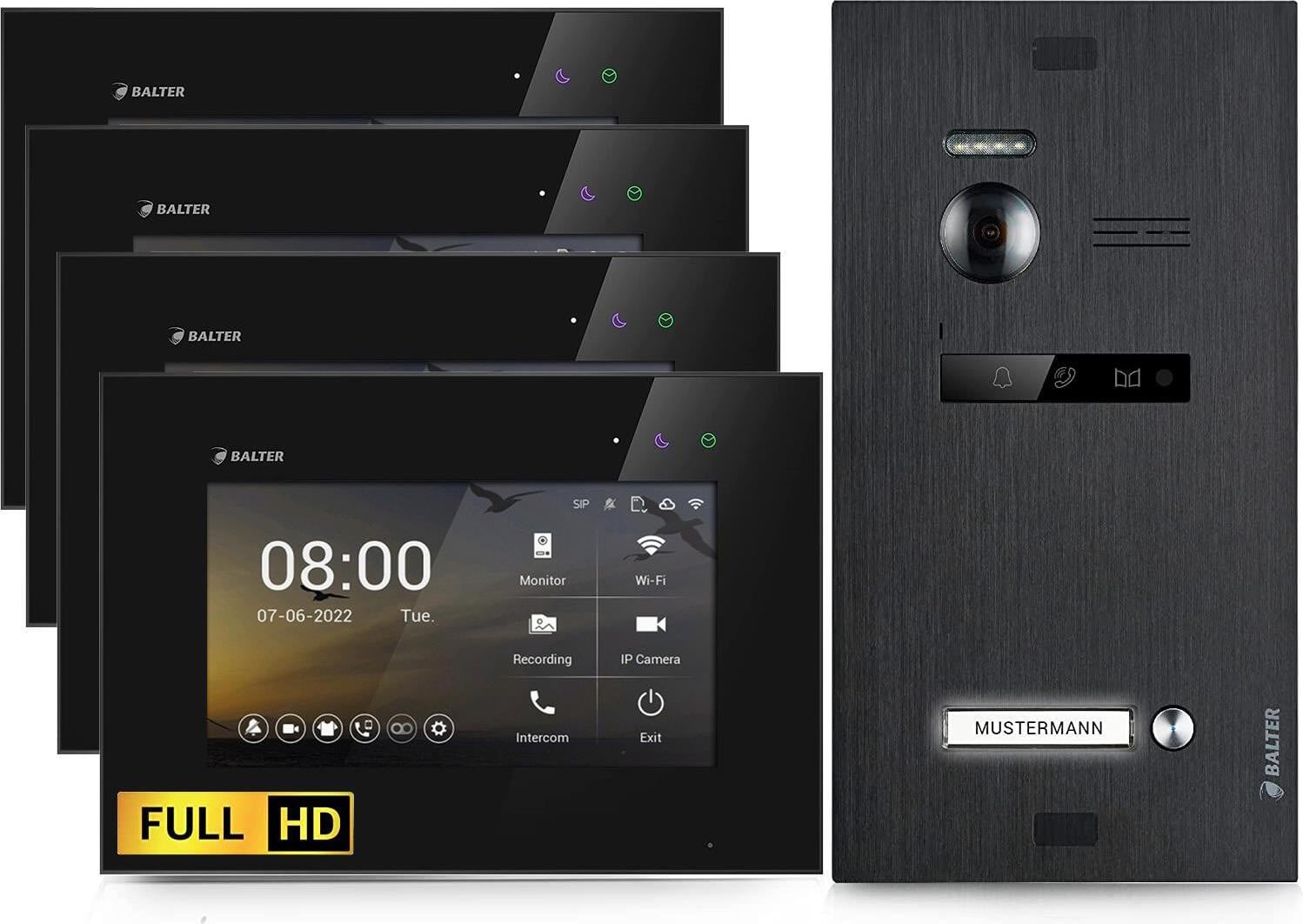 Balter EVO HD HD-videosysteem voor deurbellen met 4 monitoren, zwart