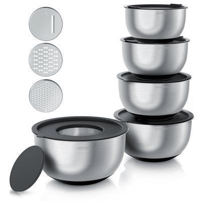 Arendo Salatschüssel 5er Set mit Deckel, Edelstahl Salatschüsseln 1,6 bis 5 L, Rührschüssel, Edelstahl, (Set, 5-tlg), Edelstahlschüssel