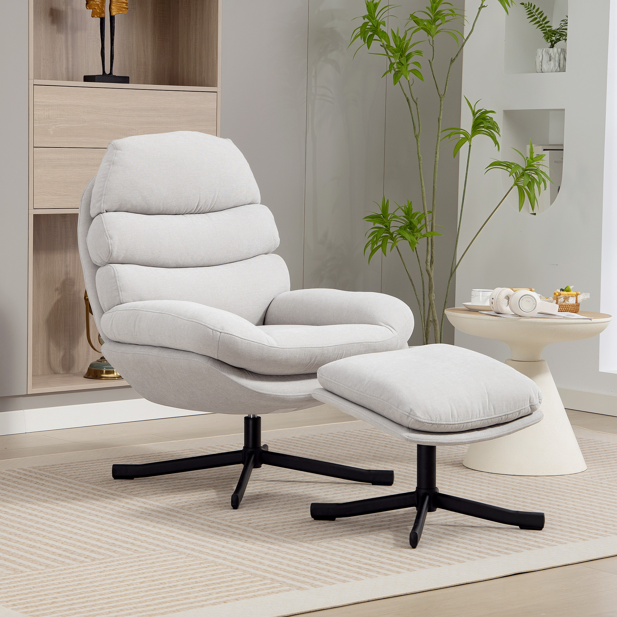 Homcom Poltrona Moderna relax con ottomana in tessuto ciniglia, 78x93x100 cm, bianco crema   Aosom Italy