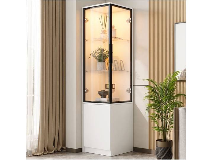 Modenuit Vitrine d'angle 40 x 40 x 160 cm blanche LED contrôlée par application portes en verre trempé