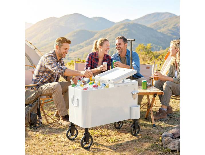 Outsunny Chariot Glacière 56L Blanc avec Roues et Décapsuleur