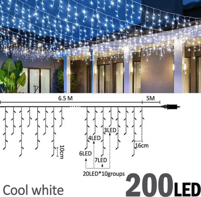 Inspire Curations Waterproof 8 Mode LED Icicle Curtain Lights btd 6.5m200b cw eu Plug