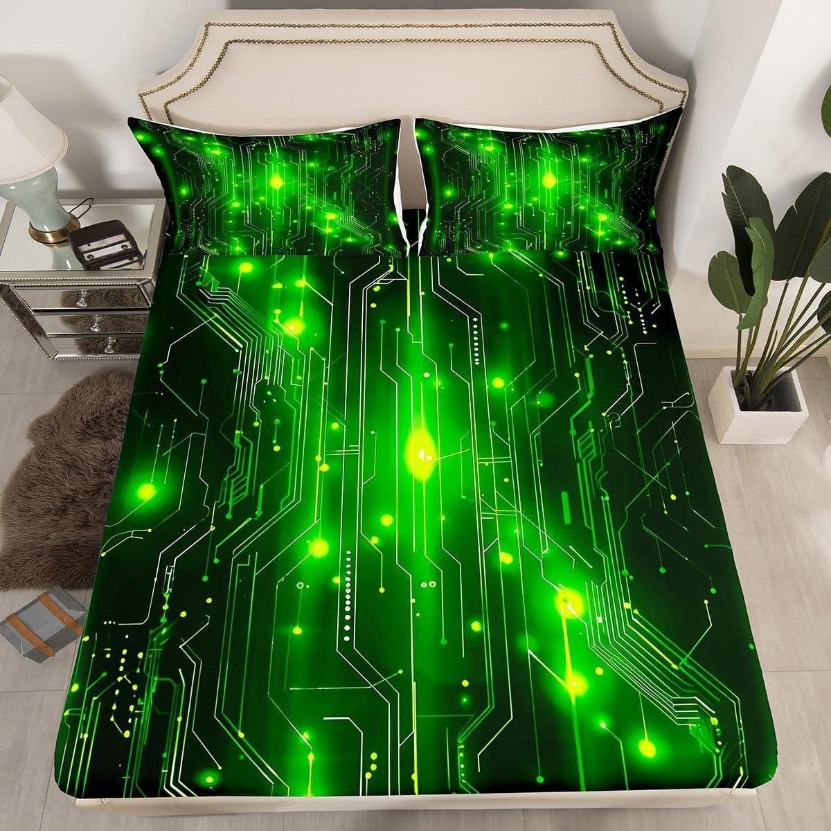 Groen Kinder Dekbedovertrek Set met Glitter Gestreept Design - Tweepersoons