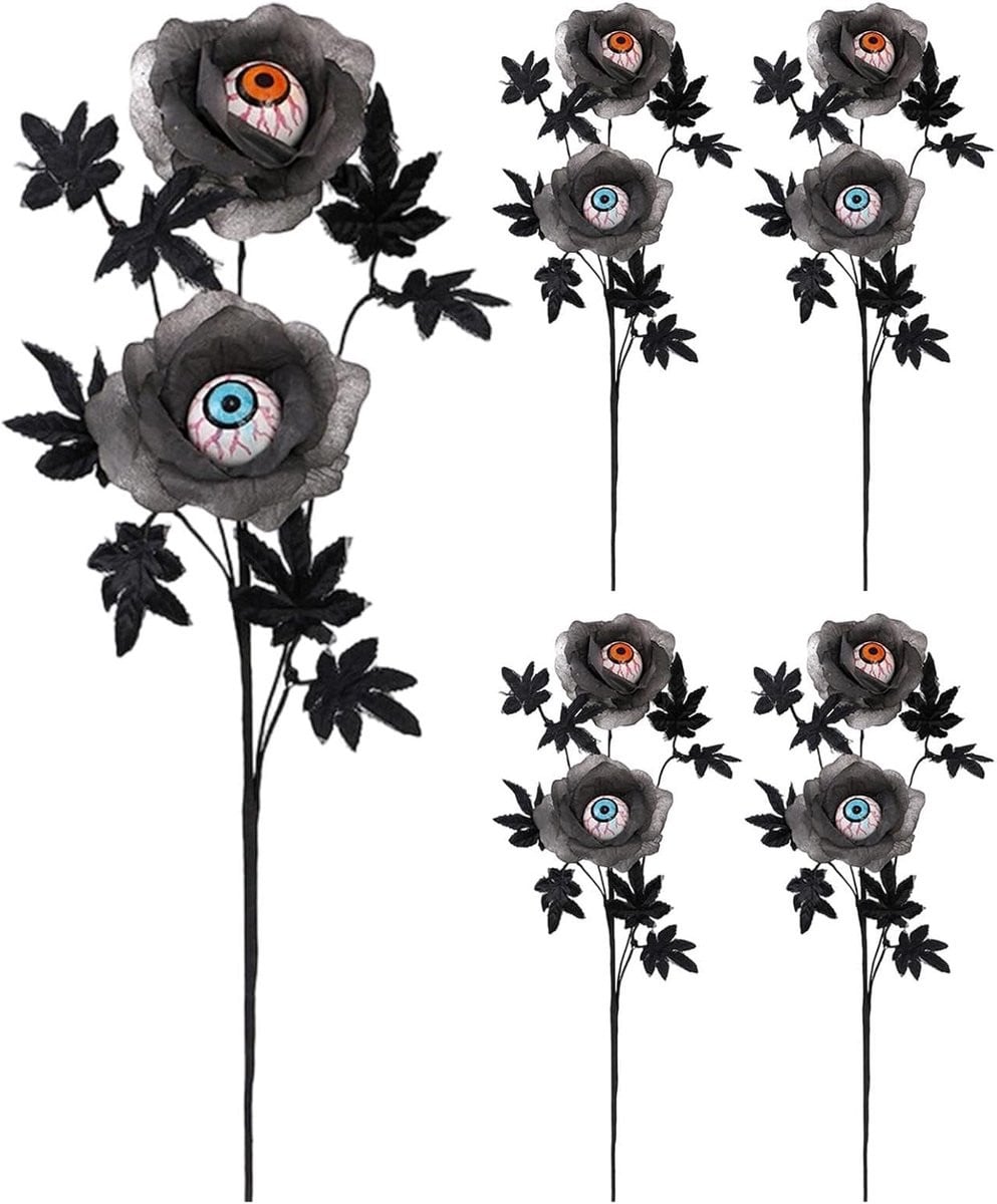 Set van 5 zwarte gotische kunstrozen met oogbollen voor Halloween decoratie