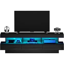 Schwarzer Hochglanz-TV-Ständer 160x38x50 cm mit 3 Glasablagen, LED-Beleuchtung und Musiksteuerung für Fernseher bis 70 Zoll