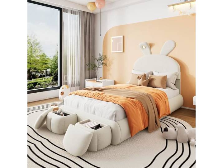 Lit enfant - SPKSW - 90x200 - LED intégrée réglable - 2 bancs de rangement - Velours beige