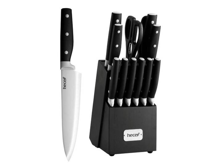 Messerblock Set 14-teilig Schwarz Holzblock Edelstahl, Kochgeschirr, Küchenmesser, Messersets