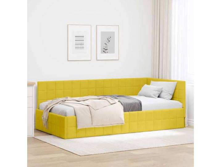 WDGJJFECNMUEHI Samt Eckbettrahmen platzsparendes L Design Gelb 90x200 cm Eckbettgestell mit Kopfteil Gelb 90x200 cm Samt L-Form Schlafsofa Stahlrahmen Holzlattenrost Platzsparendes Gästebett
