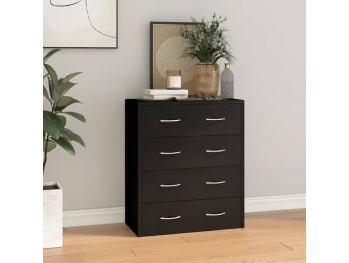 XHNIFBN Kommode 4 Schubladen 60x30,5x71 cm Schwarz Holz Sideboard mit Griffen f. Flur Schlafzimmer Büro