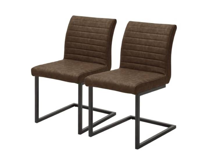 home24 Esszimmerstuhl Freischwinger 2er-Set, Sitzhöhe 50 cm, Schwingstuhl Füße Schwarz, Vintage Kunstleder in Braun, Eisengestell gebürstet, Industrial-Design, für Küche und Bar