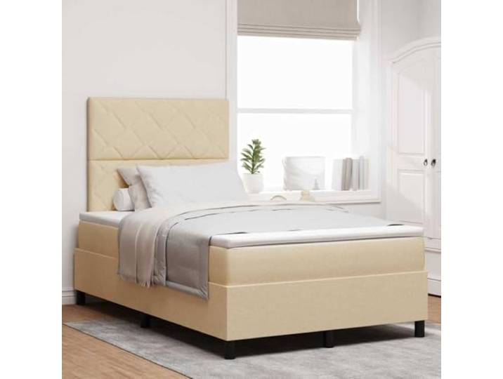 RJPLMFV Boxspringbett, Stoff, cremefarben, 120 x 190 cm Verstellbares Kopfteil, mittelfeste Matratze, Taschenfedern, Spanplatte und massives Kiefernholz