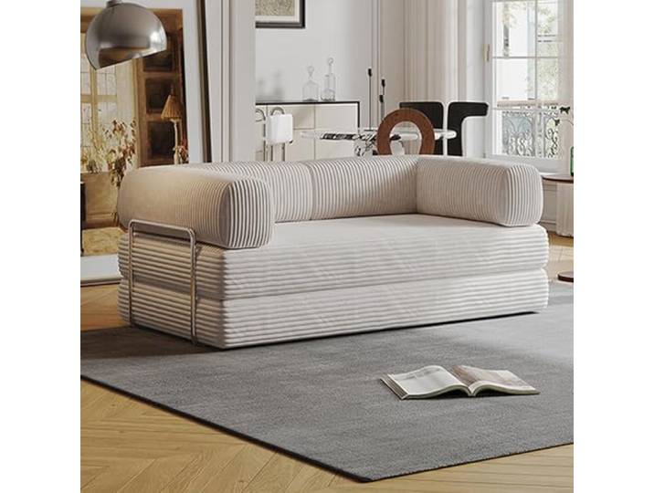 NIKSHI Faltbares Schlafsofa 180cm Breite XXL Bett, Modulares Bodensofa, Cord Wolkensofa mit Metallrahmen, 3 Sitzer Gästebett Klappbar, rutschfest, Waschbar,Off white-180cm-3 Seats