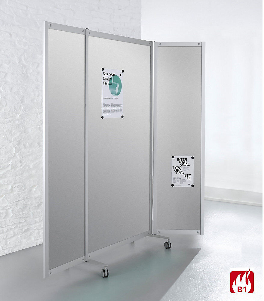 kaiserkraft Mobile Faltstellwand, schwer entflammbar, Alurahmen, Tafelfläche magnetisch, HxBxT 1900 x 2000 x 450 mm, silber