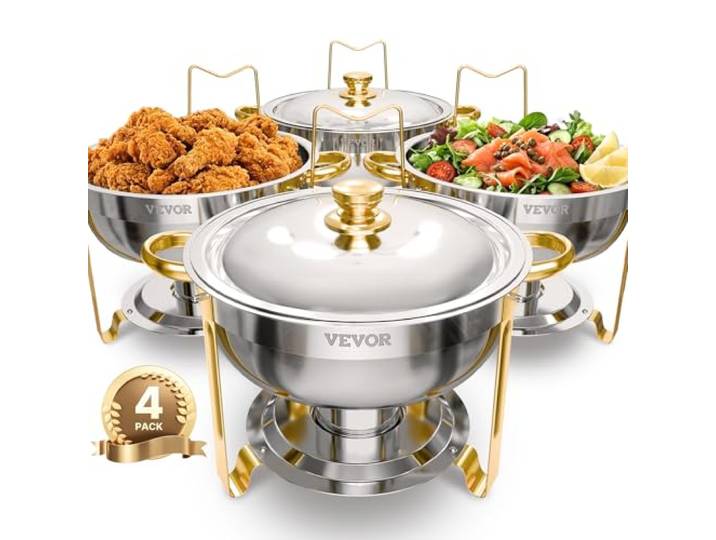 VEVOR Chafing Dish Buffet Speisenwärmer mit 4 Behältern in voller Größe (4,7 L pro), runder Catering-Wärmespender mit Deckel & Wasserpfanne & klappbarer Ständer, für Hochzeiten Partys Golden