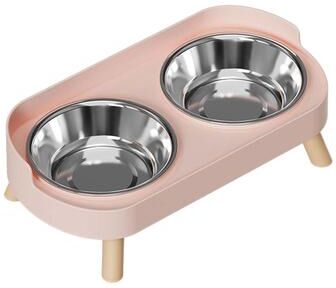 Inspired Finds Elevated Stainless Steel Dual Pet Bowl With Anti Slip Neck Protection Design pink