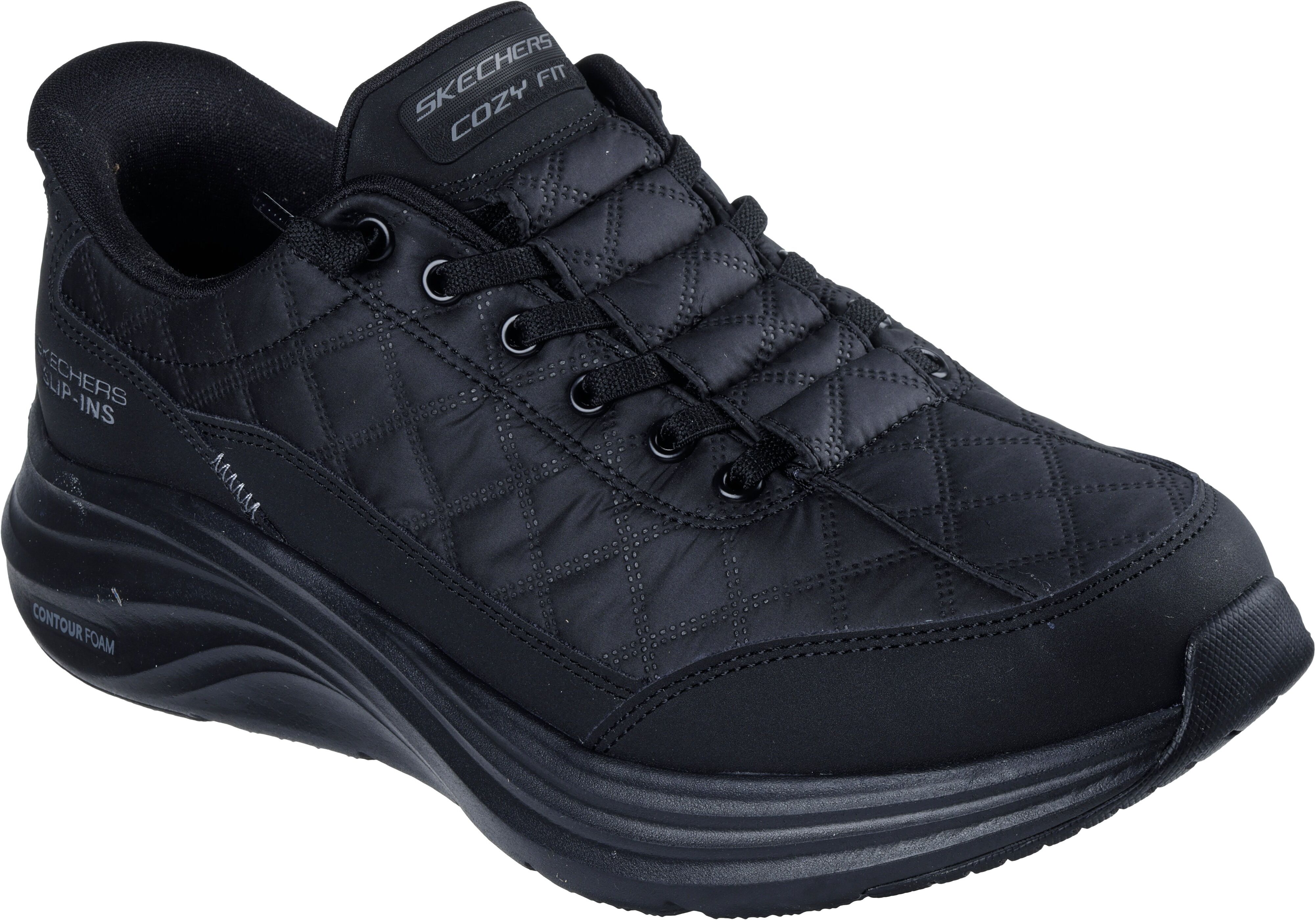 Slip-On Sneaker SKECHERS "CONTOUR FOAM", Herren, Gr. 42, schwarz, Lederimitat, Textil, Schuhe, Slipper, Schnürschuh in veganer Verarbeitung, Cozy Fit™-Komfort