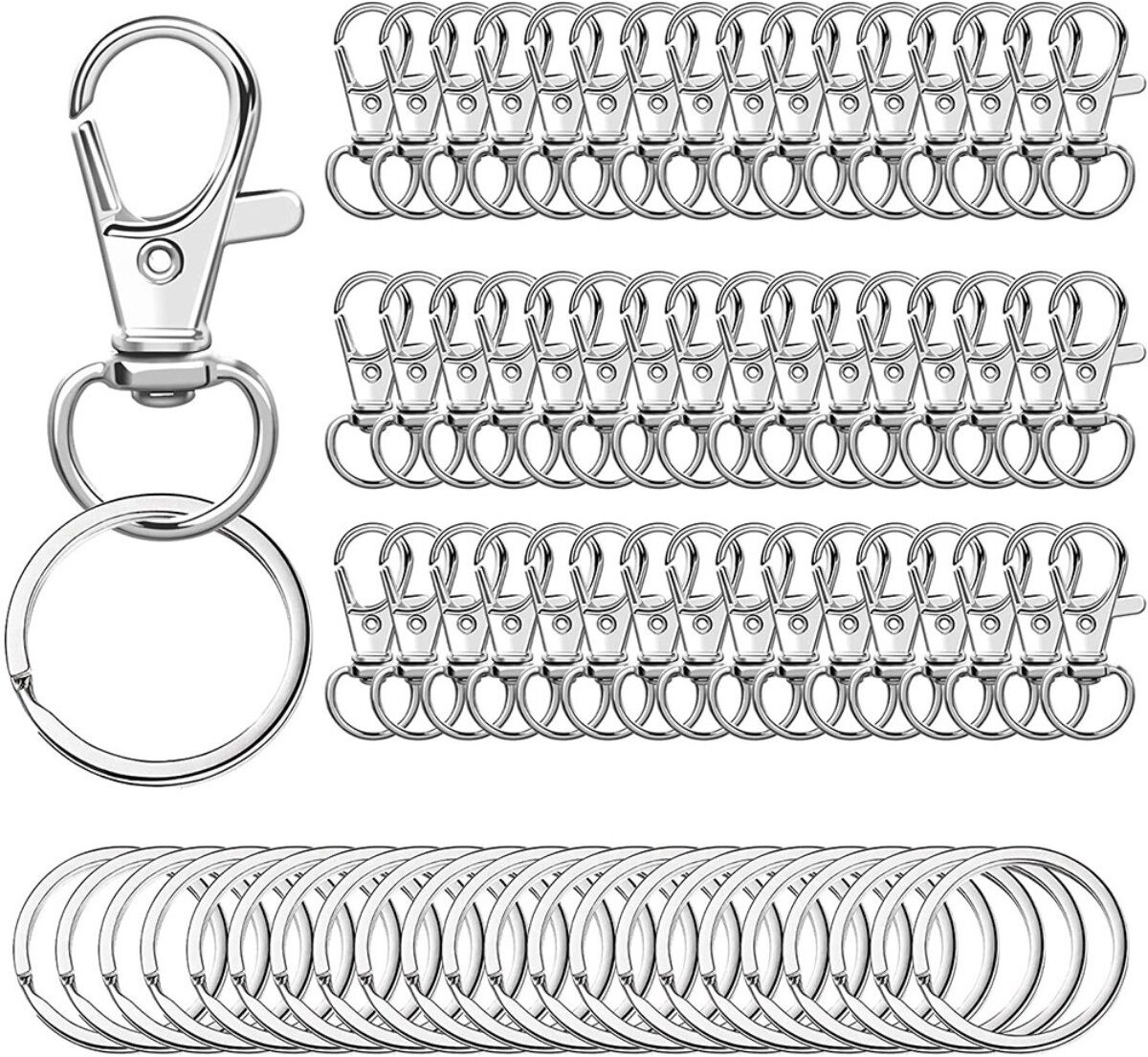 INF Ensemble porte-clés en alliage de zinc 25 fermoirs mousqueton pivotants + 25 anneaux fendus, finition argentée