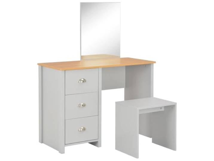 Xhnifbn Schminktisch mit Spiegel und Hocker Grau 104x45x131 cm Modernes Frisiertisch Set fürs Schlafzimmer mit 3 Schubladen und passender Sitzgelegenheit in Grau und Naturholzoptik.