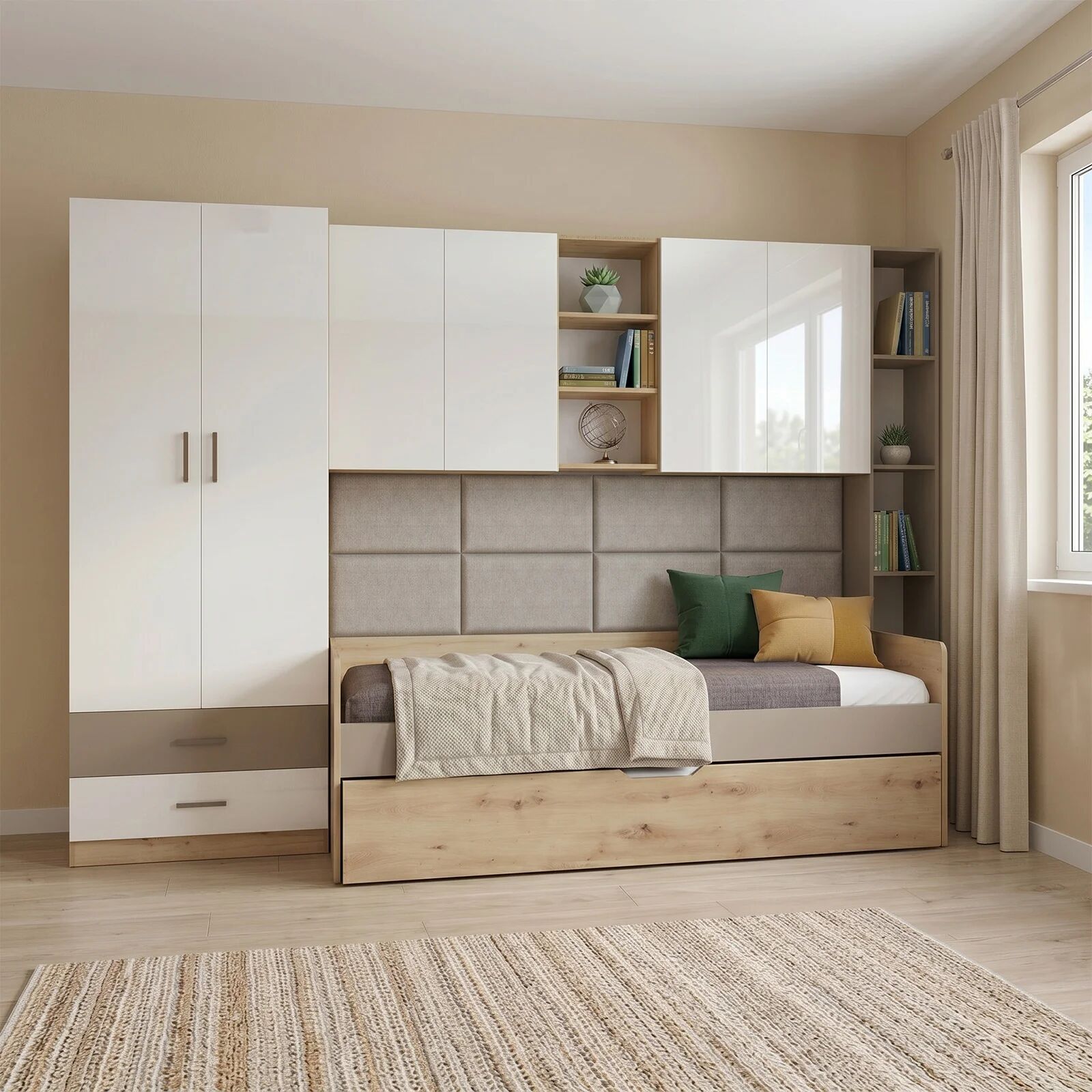 garneroarredamenti Cameretta letto singolo con letto estraibile e armadio a ponte rovere rustico marrone bianco lucido Dania