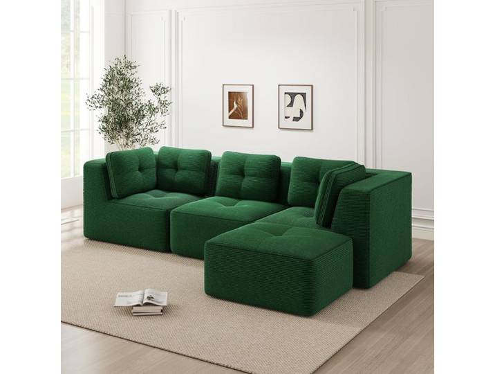 Canapé d'angle modulaire en velours côtelé vert sans montage