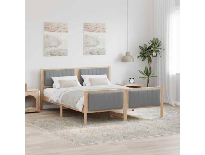RJPLMFV Bettgestell, Plattform, 150 x 200 cm, massives Kiefernholz, Braun Gepolstertes Kopfteil, Fußteil inklusive, Lattendesign, ohne Lattenrost, pflegeleicht