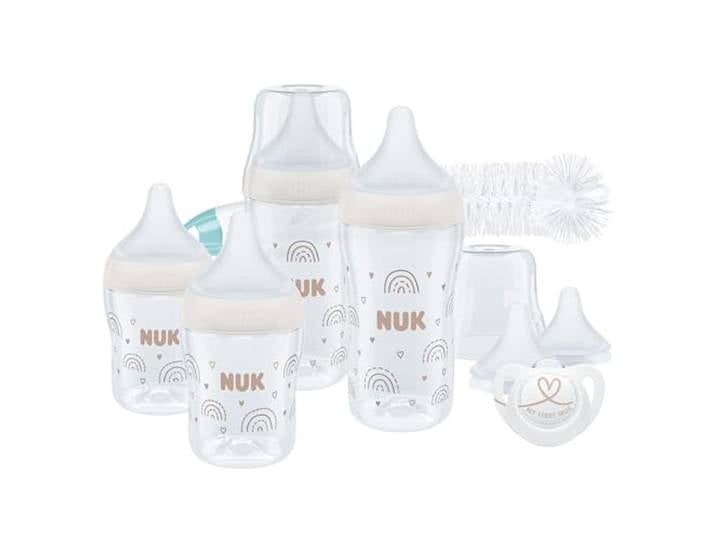 NUK Perfect Match Perfect Start Babyflaschenset Ab 0 Monate Passt sich dem Baby an 4 Anti-Kolik-Babyflaschen, Schnuller, Flaschenbürste und mehr 9 Stück