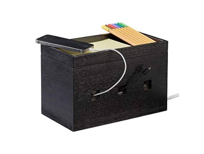 Relaxdays 10024672 Boîte bambou\, compact\, universel\, pratique\, organisateur câbles bureau HxLxP : 16\,5x25\,5x14cm\, noir\, One size