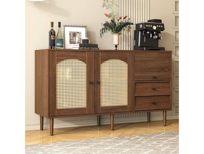 Buffet - Meuble - 130x75.5x40cm - 2 portes en rotin - Fermeture magnétique - Étagères réglables