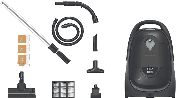 Aspirador con bolsa - Nilfisk Perform Allergy Plus, 750 W, 3.7 l, Filtración HEPA 14, Con luz LED, Negro