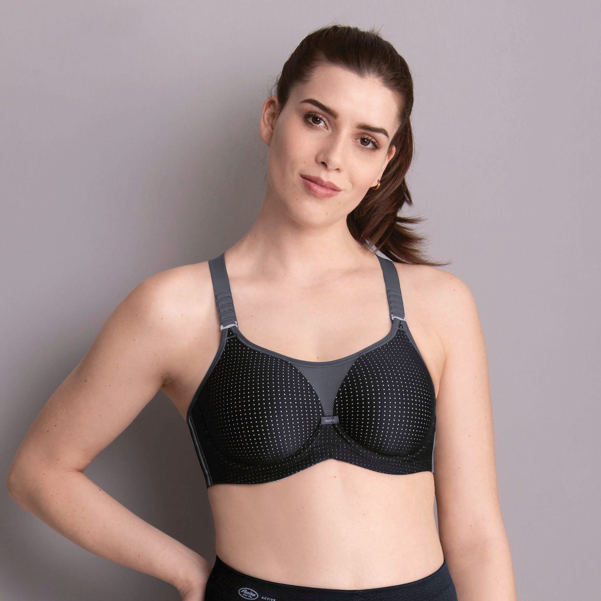 Sport-BH ANITA ACTIVE "performance wireX", Damen, Gr. 85, Cup D, schwarz (schwarz, anthrazit), Stoff, Obermaterial: 55% Polyamid, 23% Polyester, 22% Elasthan, Mesh, clean, matt, Basic, regular fit, BHs Sport-BH, nahtlose Cups, extrem flache Nähte, 3/4 Büg