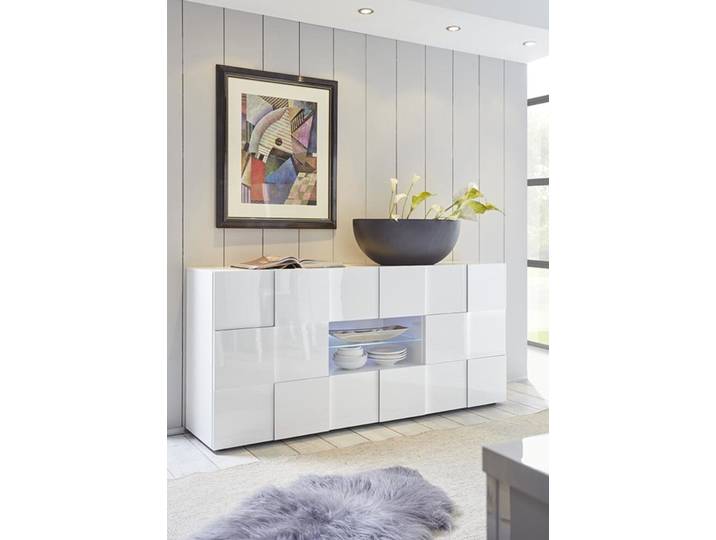 Bahut 2 portes 2 tiroirs Damier blanc brillant - Basika