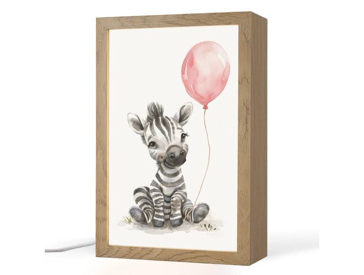 OnlyWow Nachttischlampe - Zebra - Baby - Tiere - Rosa Luftballon - 20x30 cm, Weiß, Holzwerkstoff, Rechteckig, LED integriert, 20x30x8 cm, Lampen & Leuchten, Innenbeleuchtung, Nachtlicht