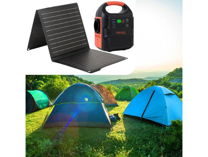 Powerstation & Solargenerator mit Solarpanel 21W, LED, 120W, 12/230V, 88,8 Wh